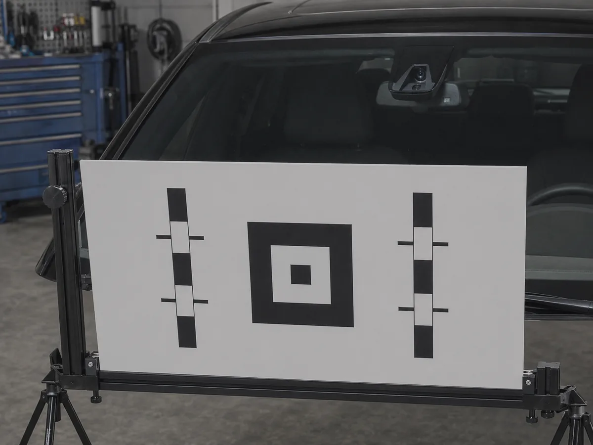 An ADAS target board on its stand, squared up in front of a windshield camera.