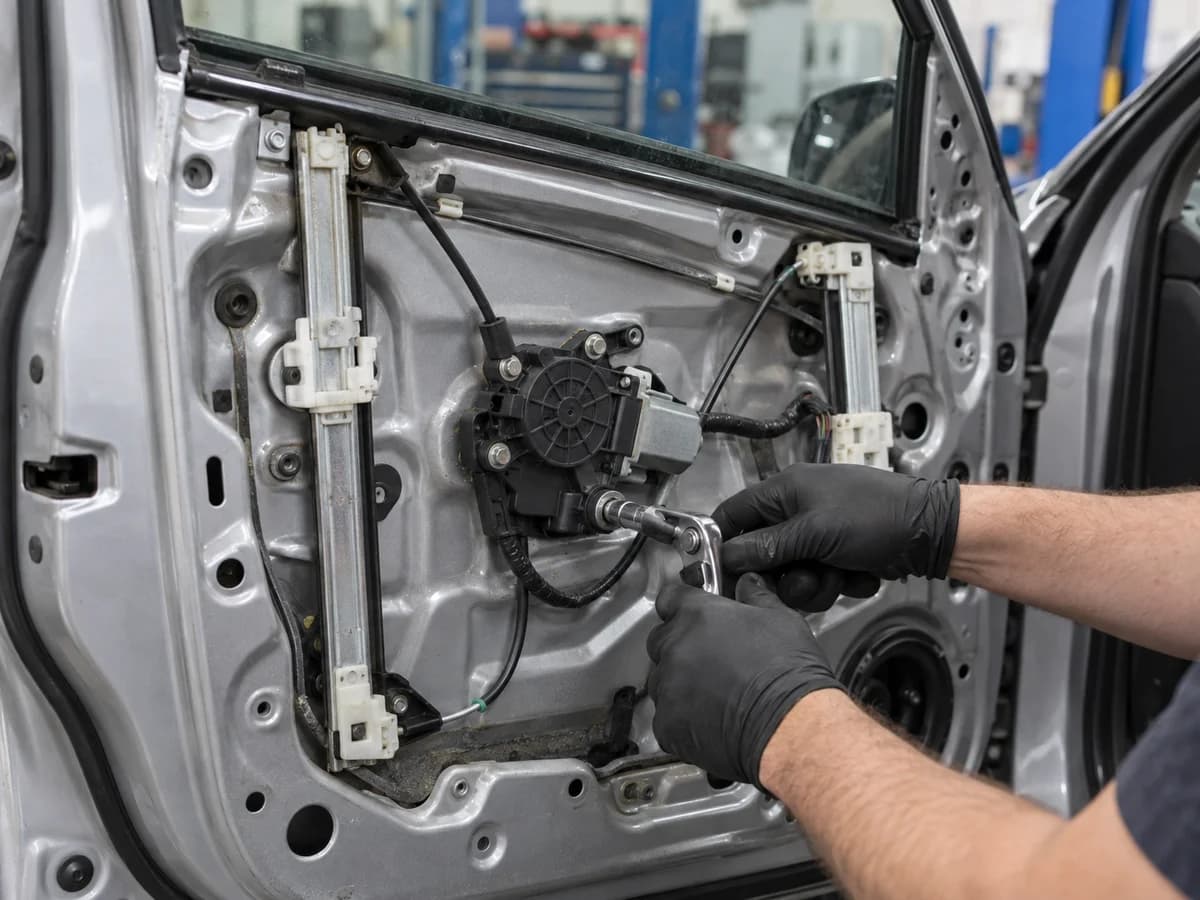 Gloved hands using a socket ratchet on an exposed power window regulator inside a car door.