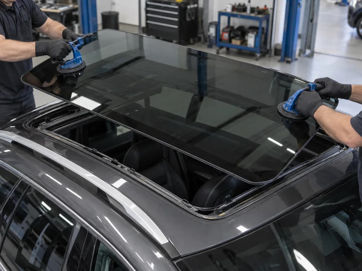Two technicians using suction lifters to position a tinted panoramic glass panel above an SUV roof opening.